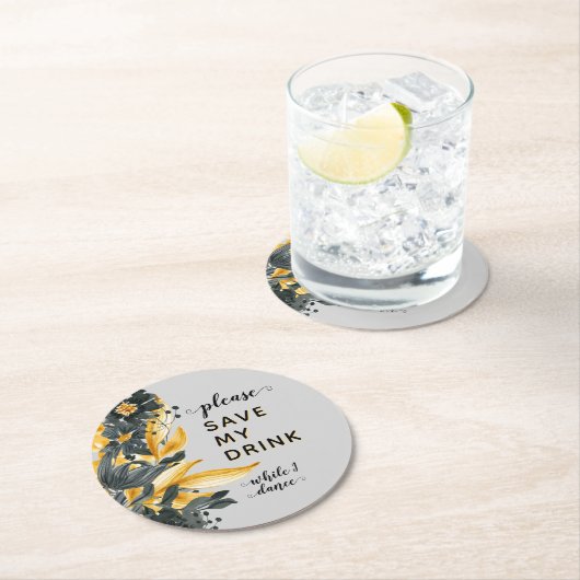 イエロー&グレーフローラエレガントなウェディングドリンクセーバー ラウンドペーパーコースター (インサイチュ)