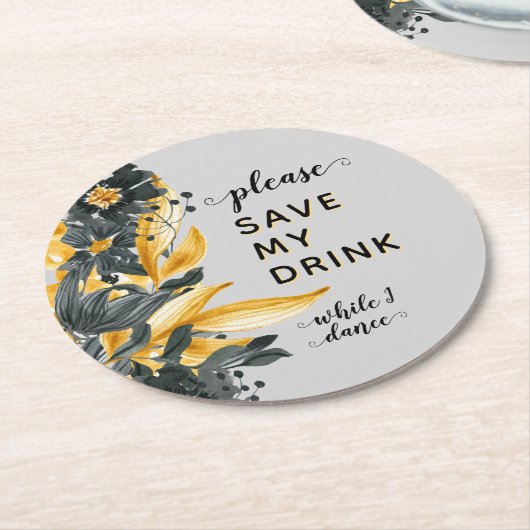 イエロー&グレーフローラエレガントなウェディングドリンクセーバー ラウンドペーパーコースター (アングル)