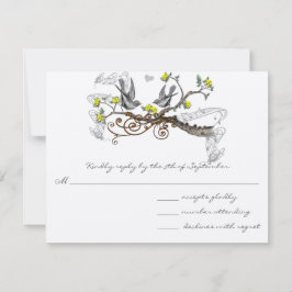 イエロー&グレーヴィンテージラブバードウェディングRSVP 出欠カード