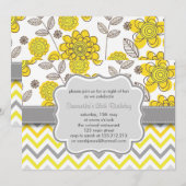 イエロー & グレー シェブロン フラワー モダン バースデー パーティー 招待状 (正面/裏面)