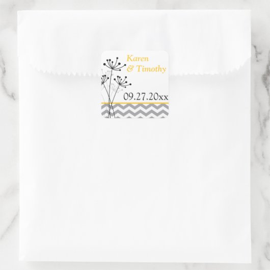 イエロー、グレー、ホワイトフローラのシボストライプンのステッカー スクエアシール (バッグ)