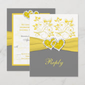 イエロー、グレー、ホワイト ハートのつながる返信カード 出欠カード (正面/裏面)