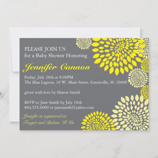 イエロー グレー 花 モダン ベビーシャワー 招待状 (正面)