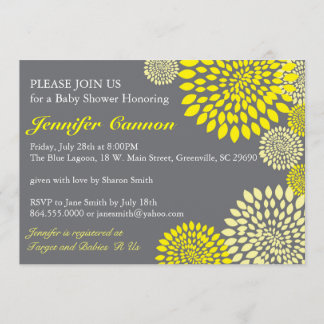 イエロー グレー 花 モダン ベビーシャワー 招待状