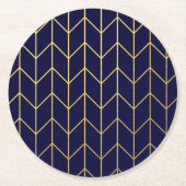 イエロー・ゴールドのシェブロンの濃紺のモダンな上品 ラウンドペーパーコースター (正面)