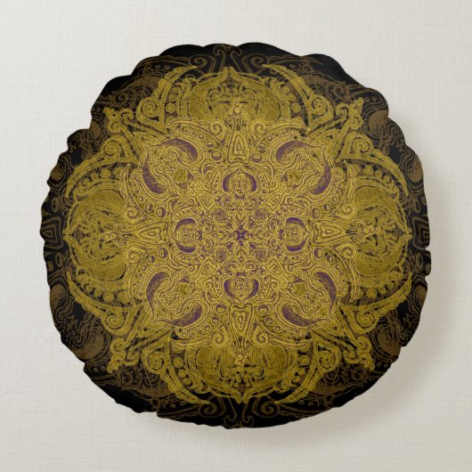 イエロー・ゴールドの黒の線条細工のMehndiの曼荼羅 ラウンドクッション (正面)