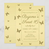 イエロー＆ゴールド グリッター バタフライ スウィート16 パーティー 招待状 (正面/裏面)
