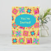 イエロー&ターコイズパッチワークキルトブロックアート 招待状 (スタンド正面)