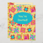 イエロー&ターコイズパッチワークキルトブロックアート 招待状 (正面/裏面)