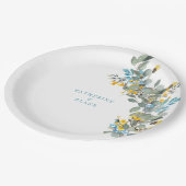 イエロー&ターコイズユーカリ結婚ナーズ ペーパープレート (アングル)