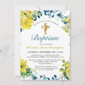 イエロー ダークブルー フラワー ゴールド クロス 洗礼 招待状 (正面)