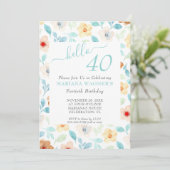 イエロー ティール フラワーズ エレガント スクリプト 40歳の誕生日 招待状 (スタンド正面)
