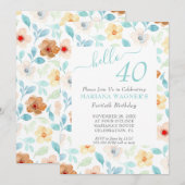 イエロー ティール フラワーズ エレガント スクリプト 40歳の誕生日 招待状 (正面/裏面)