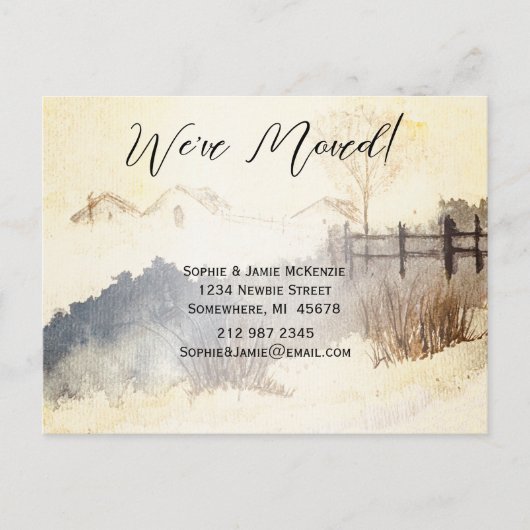 イエロー ティール ラスティック ウォーターカラー 私たちは引っ越しました 案内ポストカード (正面)
