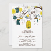 イエロー&ティール(緑がかった色)メイソンジャース |フローラの赤ちゃん 招待状 (正面)