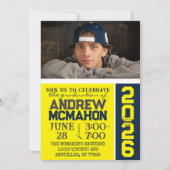 イエロー&ネイビーモダン卒業写真招待状 招待状 (正面)