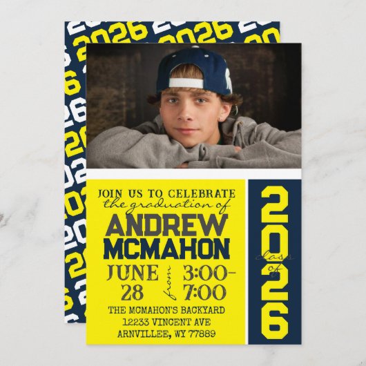 イエロー&ネイビーモダン卒業写真招待状 招待状 (正面/裏面)