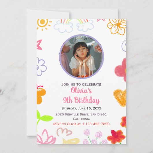 イエロー&パープルカスタム誕生日招待状 招待状 (正面)