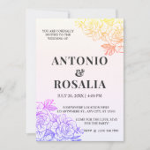 イエロー&パープルフラワーズヴィンテージイラストレーションウェッド 招待状 (正面)