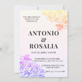 イエロー&パープルフラワーズヴィンテージイラストレーションウェッド 招待状