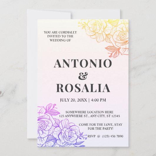 イエロー&パープルフラワーズヴィンテージイラストレーションウェッド 招待状 (正面)