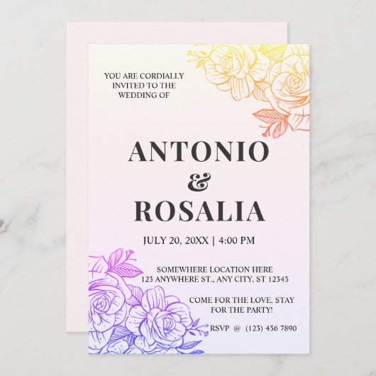 イエロー&パープルフラワーズヴィンテージイラストレーションウェッド 招待状 (正面/裏面)