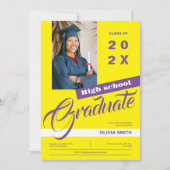 イエロー&パープルモダンフォト卒業パーティー 招待状 (正面)