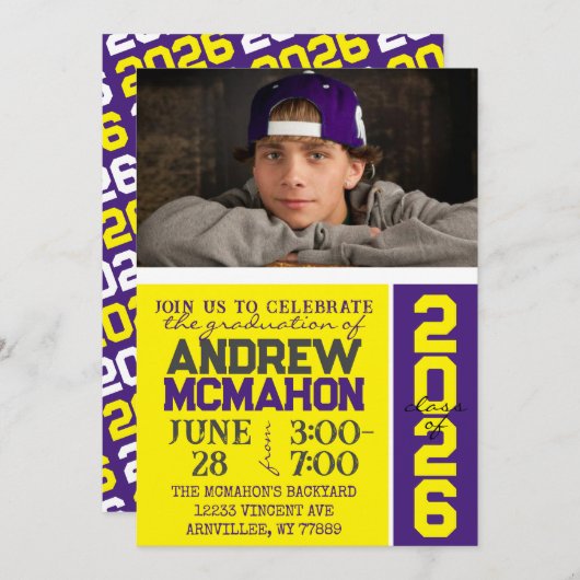イエロー&パープルモダン卒業写真招待状 招待状 (正面/裏面)