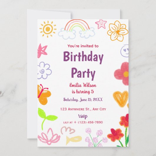 イエロー&パープル子供の誕生日招待状 招待状 (正面)