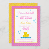イエロー&ピンクダック水玉模様ズベイビーシャワーインヴィタ 招待状 (正面/裏面)