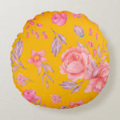 イエロー&ピンクフローラプリントラウンド装飾用クッション ラウンドクッション (正面)
