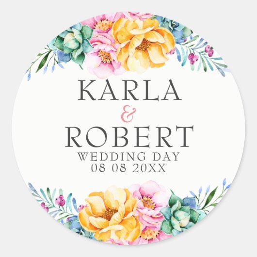 イエロー&ピンクローズフローラ結婚ズブーケ ラウンドシール (正面)