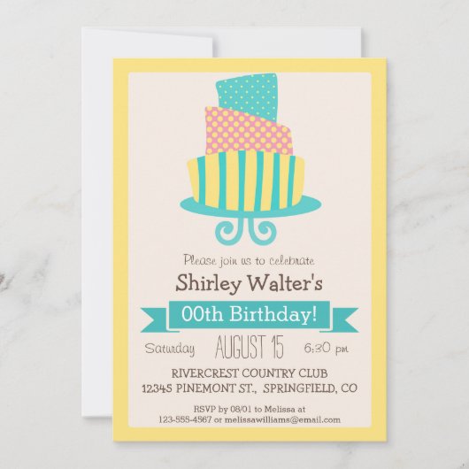 イエロー、ピンク、ターコイズ大人の誕生日パーティー 招待状 (正面)