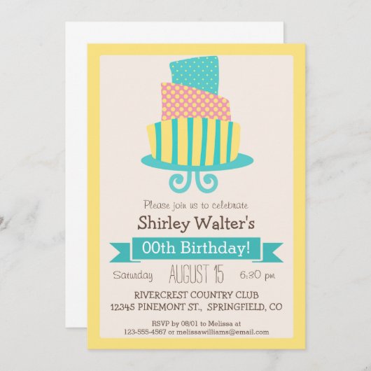 イエロー、ピンク、ターコイズ大人の誕生日パーティー 招待状 (正面/裏面)
