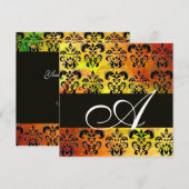 イエロー ブラウン レッド ブラック ダマスク モノグラム , ホワイト 招待状 (正面/裏面)