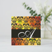 イエロー ブラウン レッド ブラック ダマスク モノグラム , ホワイト 招待状 (スタンド正面)