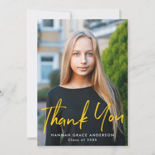 イエロー |ブラシモダンスクリプトフォトの卒業 サンキューカード (正面)