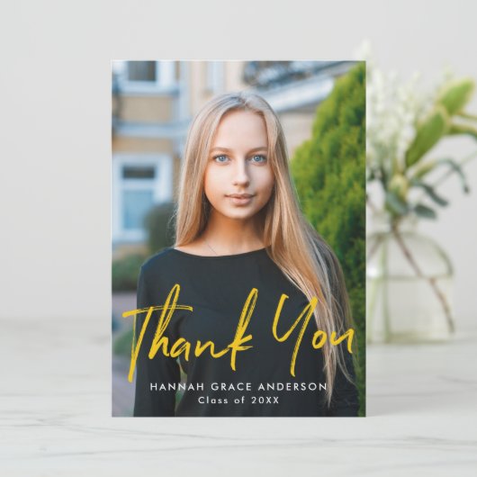 イエロー |ブラシモダンスクリプトフォトの卒業 サンキューカード (スタンド正面)