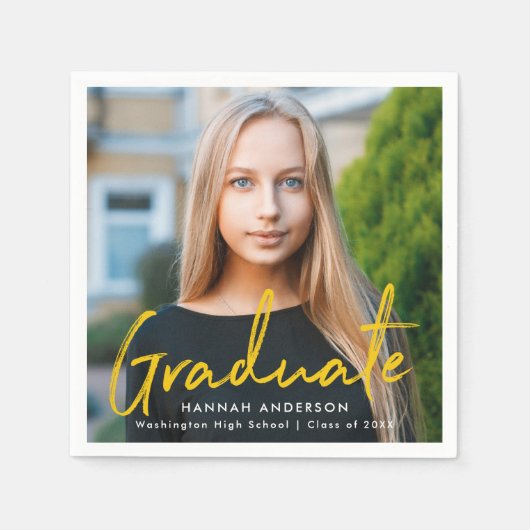 イエロー |ブラシモダンスクリプトフォトの卒業 スタンダードカクテルナプキン (正面)