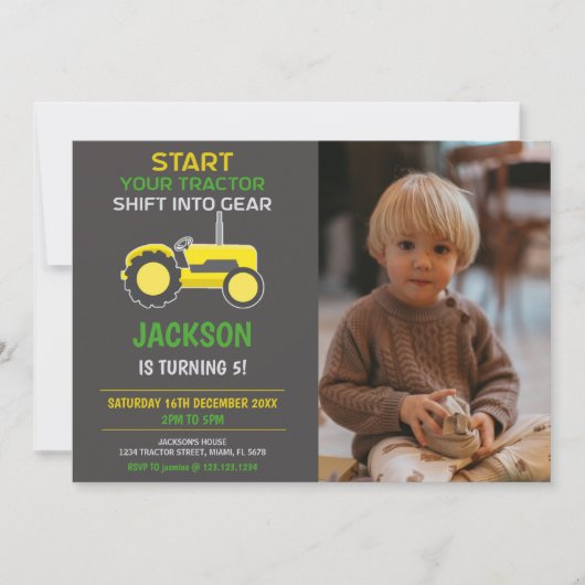 イエロー&ブラックトラクター誕生日招待状 招待状 (正面)