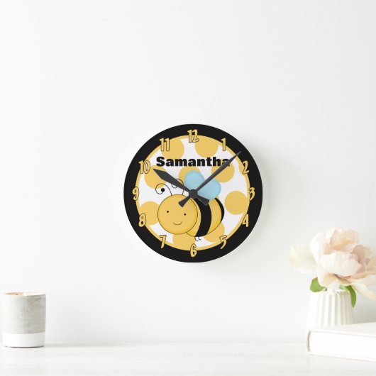 イエロー&ブラック水玉模様ハニーのまわりに時計 ラウンド壁時計 (ホーム)