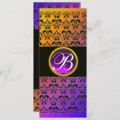 イエロー ブラック パープル ダマスク アメジスト モノグラム 招待状 (正面/裏面)