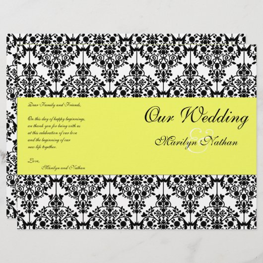 イエロー、ブラック、ホワイトのダマスクの結婚式プログラム (正面/裏面)