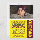 イエロー&ブルゴーニュ卒業写真招待状 招待状 (正面)