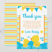 イエロー&ブルーゴムダッキー（アヒルちゃん）水玉模様ベビーシャワー サンキューカード (正面/裏面)