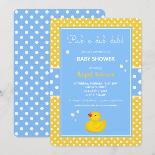 イエロー&ブルーダック水玉模様ズベイビーシャワーインヴィタ 招待状 (正面/裏面)