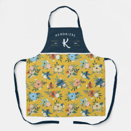 イエロー&ブルーフローラルパターンファミリーモノグラム エプロン