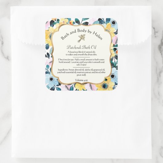 イエロー&ブルーフローラ化粧品ラベルw成分 スクエアシール (バッグ)