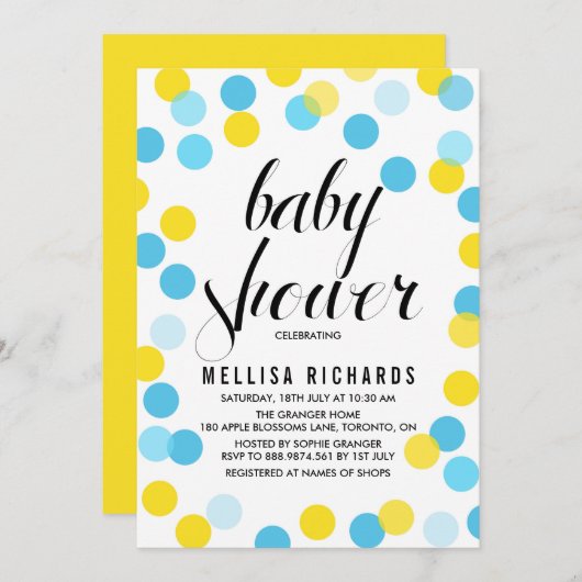 イエロー&ブルー紙吹雪水玉模様ベビーシャワー 招待状 (正面/裏面)