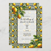 イエロー ブルー カプリ レモン 地中海 タイル ウェディング 招待状 (正面/裏面)